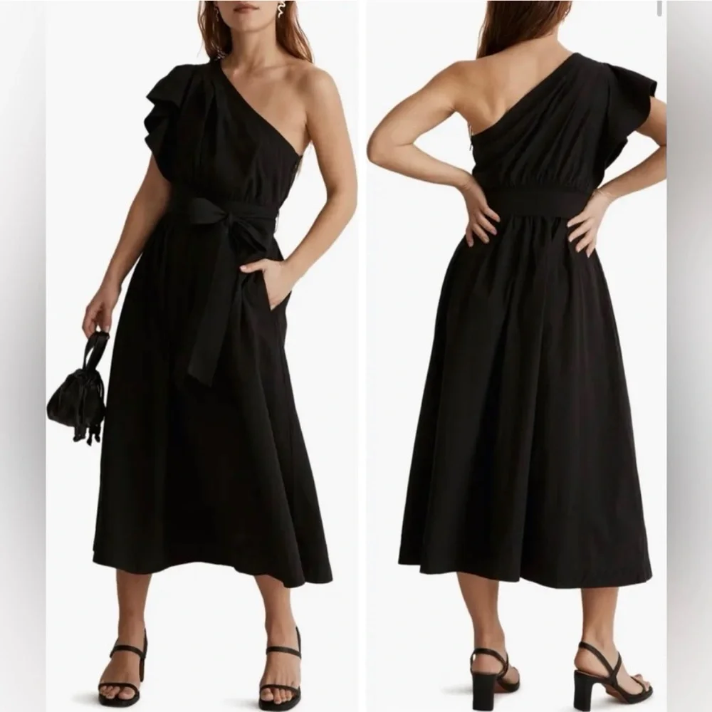 NWT Madewell Ruffled One-Shoulder Midi Dress black 0 - Picture 1 of 9